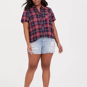 Torrid Red/Navy Plaid Cropped Challis Button Shirt